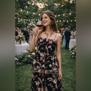 H&M Black Floral Tiered Maxi Dress with Pink and Cream Accents